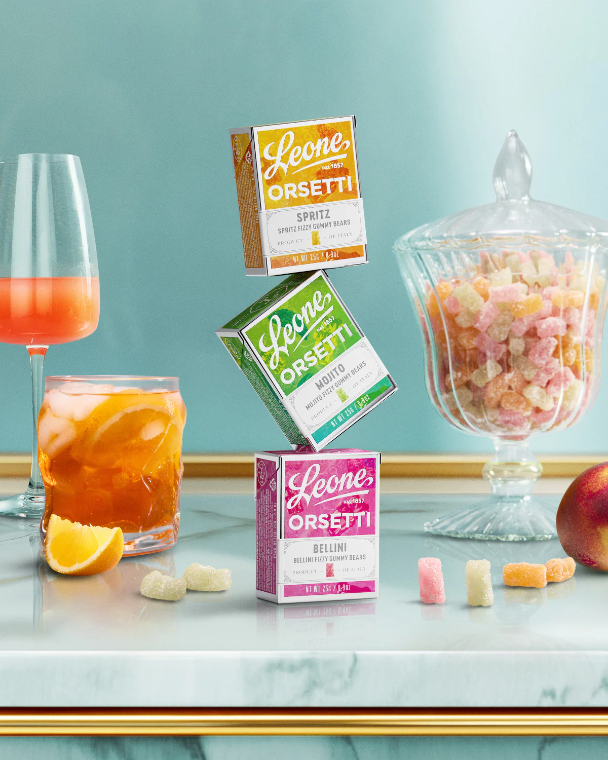Tris scatolette orsetti gommosi gusto cocktail (Spritz, Bellini, Mojito) da 25g